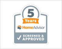 A home advisor logo with the words " 5 years " and " screened & approved ".